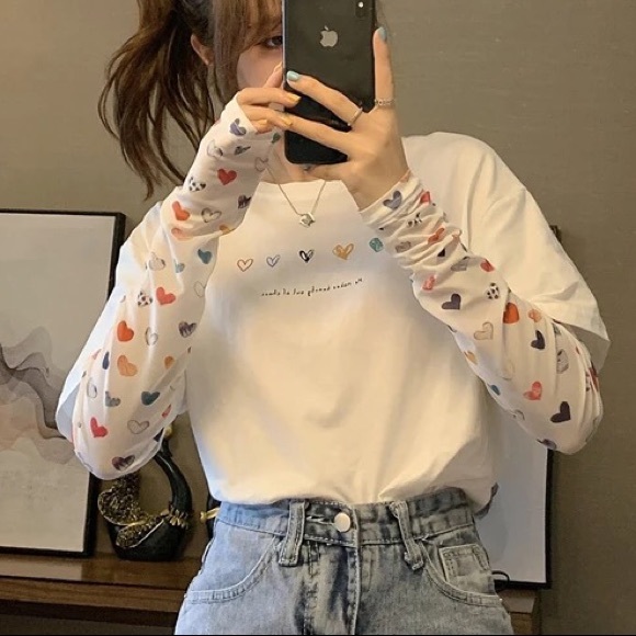 Shirt tshirt heart white top women’s cute long sl - Picture 2 of 8